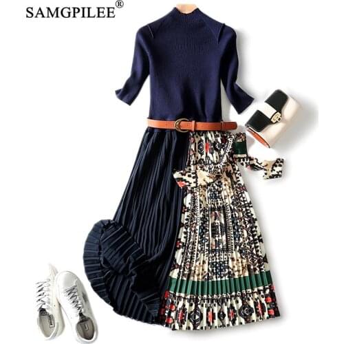 Dress Winter 2021 Fashion New Office Lady Pleated Patchwork Three Quarter Sleeve Woman Sashes Turtleneck Dresses For Women