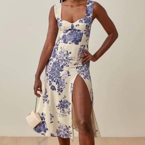 Vintage France Floral Print White Ruffles Off shoulder Midi Dress Sexy Women Elastic Back Hem Split Holiday Dresses A392