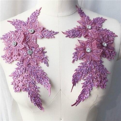 2Pcs/Lot Spray Gold Decal Wedding Dress Tiara Sweater DIY Decorative Lace Patch Beaded 3D Embroidered Applique Silver Purple