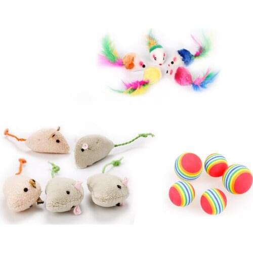 5 pieces of pet cat toys interactive gift colorful feather Mouse Plush mouse shape toy ball soft training education pet cat toys