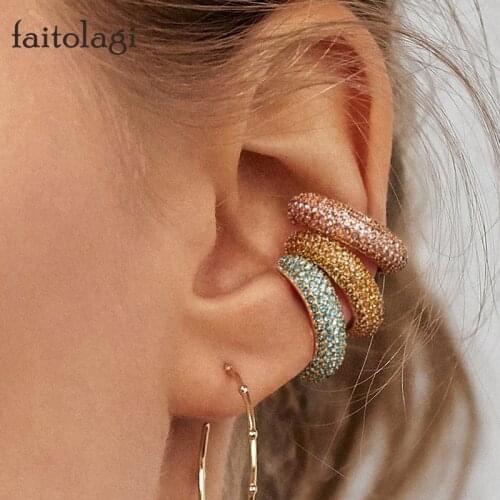 Boho Crystal Ear Cuff C Shape Full Rhinestones Colorful Simple Fake Piercing Earcuffs Clip Earring Bohemia Fashion Women Jewelry
