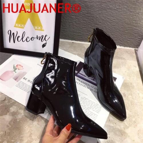 Patent Leather Ankle Boots Women 5cm Chunky High Heels Short Boots Autumn Winter Fashion Zipper Black White Pointed Toe Boots