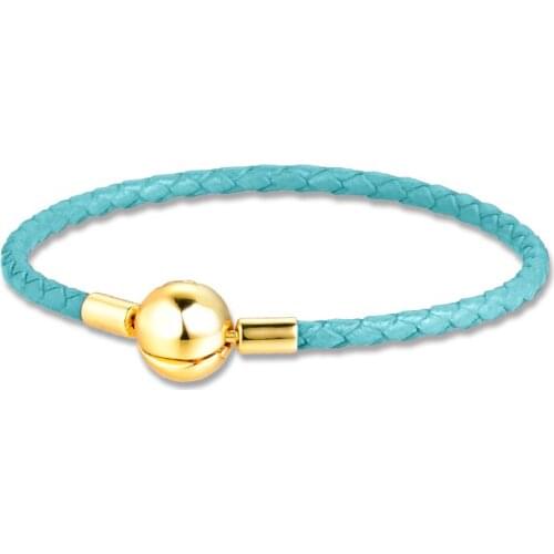 925 Sterling Silver Shine Clasp Single Leather Bracelet Ocean Blue Rope Charms Bracelets for Women Men DIY Jewelry Making