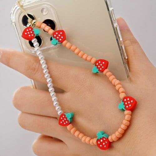 Strawberry Beaded Anti-lost Phone Charm Chain Fruit Rainbow Soft Ceramic Lanyard Strap Mobile for Girls Phone Choker Keys