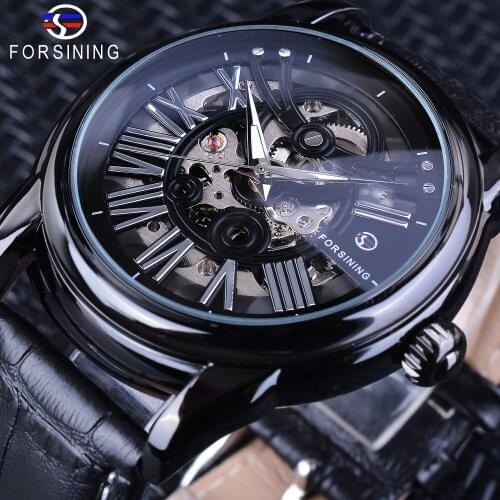 Forsining 2018 Full Black Skeleton Watches Mens Mechanical Wristwatches Top Brand Luxury Genuine Leather Band Horloge Mannen