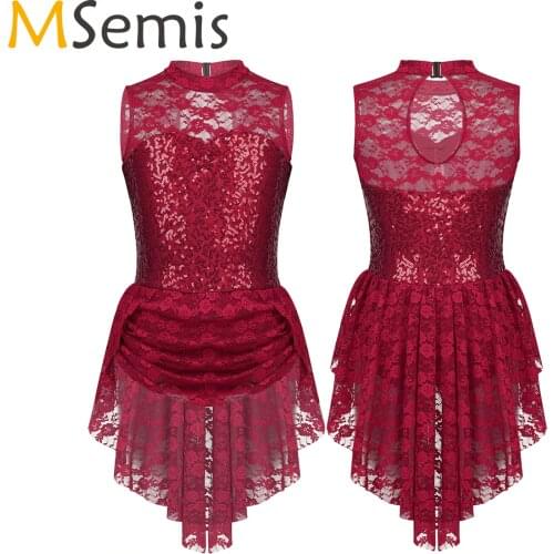 Kids Girls Ballet Tutu Dress Costumes Lace Keyhole Latin Figure Skating Dress Dancing Competition Gymnastics Leotard Dancewear