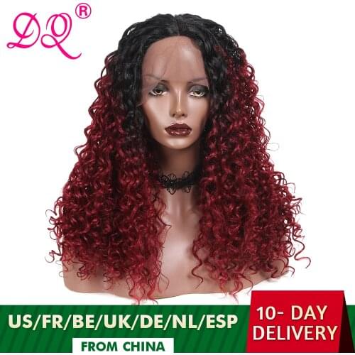 DQ Long Afro Kinky Curly Synthetic Lace Front Wig Women Heat Resistant Fiber Cosplay Wig Ombre Brown Red Black Wig Middle Part