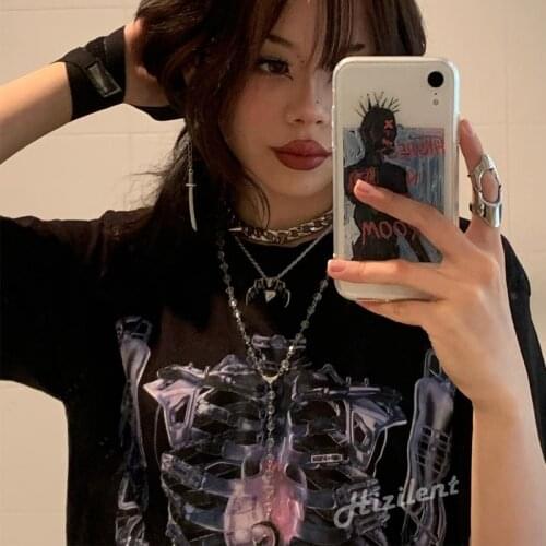 Cotton Womens t-shirts Oversized Tshirt Y2K Tops harajuku vintage aesthetic goth Skeleton graphic punk Fairy Grunge clothes tee