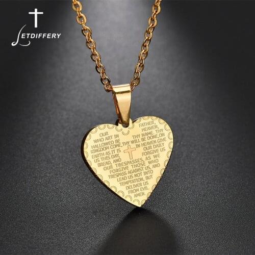 Letdiffery Stainless Steel Holy Bible Heart Pendant Necklaces Gold Prayer Jesus Cross Necklace Christian Scripture Link Jewelry
