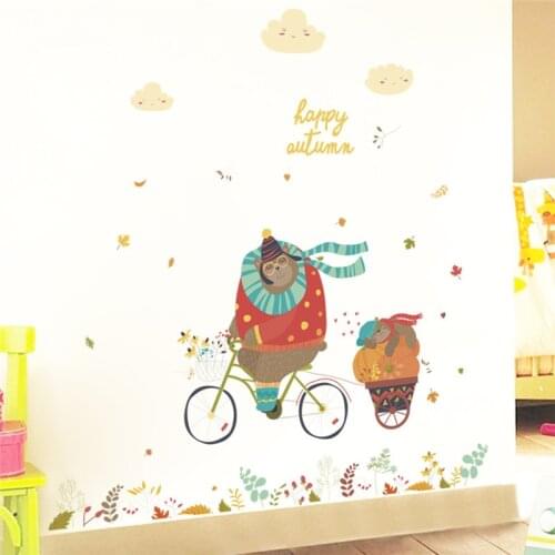 Lovely Animal Riding Bike Wall Stickers For Kindergarten Kids Room Home Decoration Diy Cartoon Wall Decals Mural Art Pvc Posters