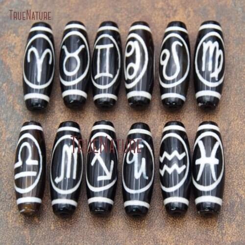 12Pcs Fashion Dzi Agates Beads Twelve Constellations Oval Shape Beads 30x10mm BE15473