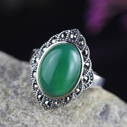 Real green jade ring Chalcedony ring resizable emerald ring 925 sterling silver women rings jade jewelry ring brand