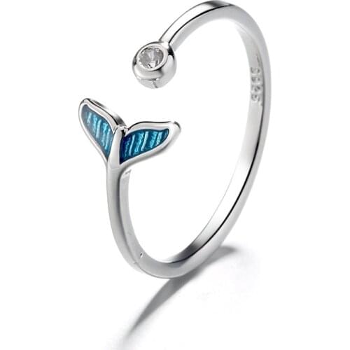 New Fashion Silver Color Copper Finger Rings Stackable Adjustable Ocean Blue Whale Tale Ring For Women Jewelry Gift Dropship