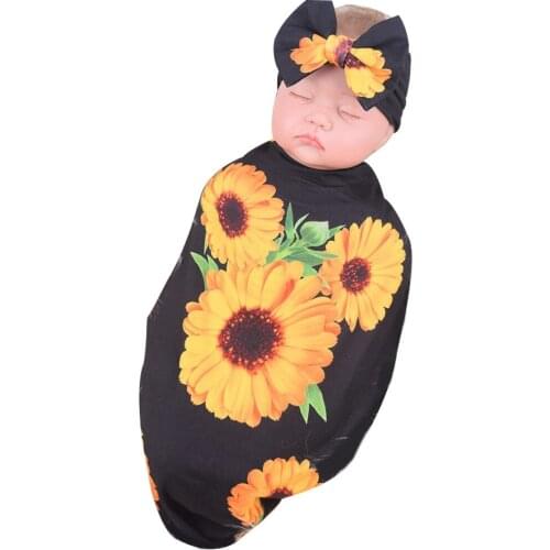 Infant Newborn Baby Sleeping wrap blanket 2 Piece Sleep Wrap Set Cute Flower Printed Baby Swaddle Blanket +Bowknot Headband0-3m