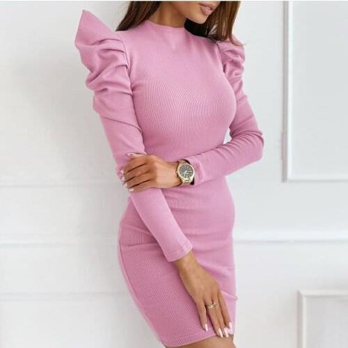 2021 Autumn/Winter O-Neck Solid Full Sleeve Puff Sleeve Slim Fashion Sexy Mini Dresses for Women Donsignet