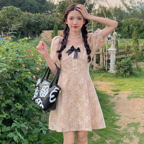 Plus Size Dress French Retro Waist Waist Was Thin Floral Short Skirt Female Summer New Lace Bow Knot Square Collar Dress