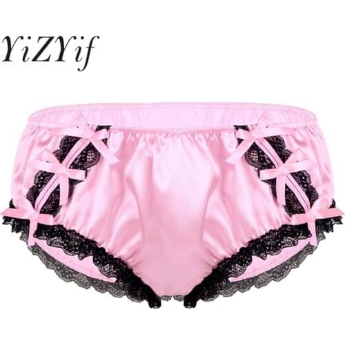 YiZYiF Sexy Underwear Men Sissy Panties fetish Gay Briefs Shiny Soft Ruffled Floral Lace Satin Lingerie Low Rise Stretchy Bikini