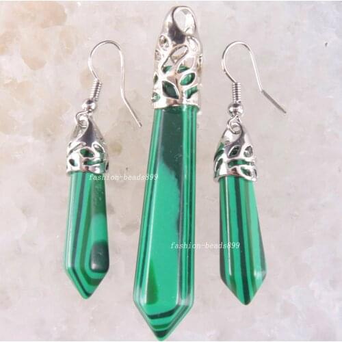 Hexagonal Column Beads Pendant Earrings Natural Stone Green Malachite Necklace Pendant Earrings Jewelry Set For Women Gift K1668