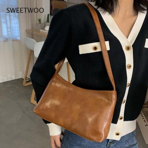 Vintage Baguette Womens Bag PU Leather Shoulder Bag Simple Solid Color Lady Handbag Designer Armpit Bag Girls Shopping Purse