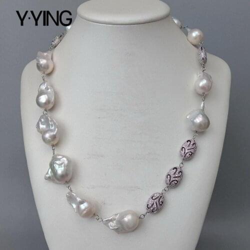 Y.YING natural Cultured White Keshi Pearl Cubic Zirconia Pave connector choker Necklace 20"