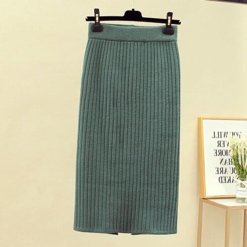 Autumn Winter All-match Skirt Knitted Skirts Mid-Calf & Knee-Length Office Skirt Warm Knitted Black Pencil Skirts