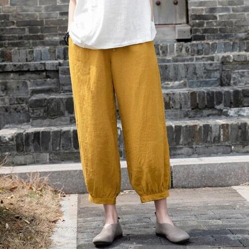Johnature Vintage Linen Women Pants 2021 Summer New Loose Casual Ninth Pants Solid Color Elastic Waist Lace Up Pants