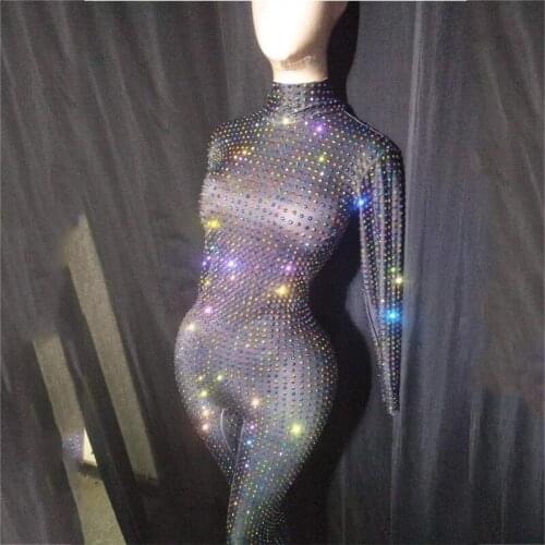Full Rhinestone Black Long Sleeve Jumpsuit Birthday Celebrate Wear Women Dancer Stage Rave Outfits Pole Dance Clothing XS1275