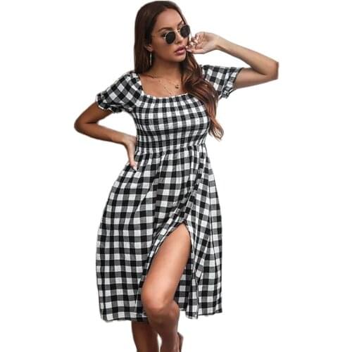 2021 Summer New Good Quality Womens Hot-Selling Fashion Plaid Pattern Waist Pullover Slit Square Neck Short Sleeve Dress
