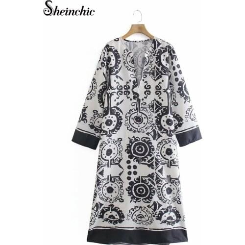 Vintage Long Sleeve Printed Dresses for Women Summer 2021 Loose Casual Shirt Dress Female