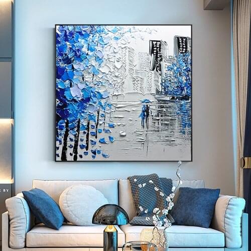 100% Hand Painted Modern Decoration Oil Painting Bule Tree Scenery Wall Art On Canvas Paintings For Interior Room Decor Cuadros
