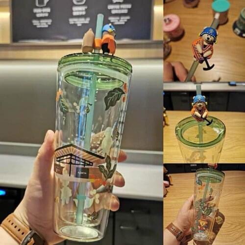2021 Star Daddy Coffee Farmer Bear Double Glass Straw Cup Large Capacity Glass Water Cup Gift Cup