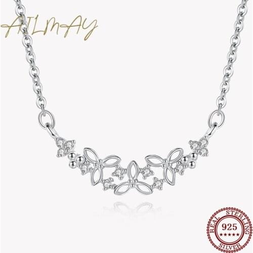Ailmay Authentic 925 Sterling Silver Shining CZ With Flower Shape Pendant Necklace for Women Wedding Engagement Jewelry Gift
