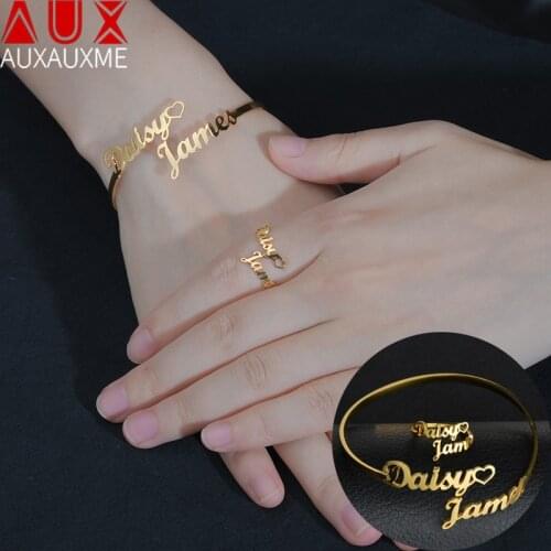 Auxauxme Adjustable Customized 3mm Stainless Steel Name Bangle Ring Set For Women Female Girlfriend Birthday Party Gifts