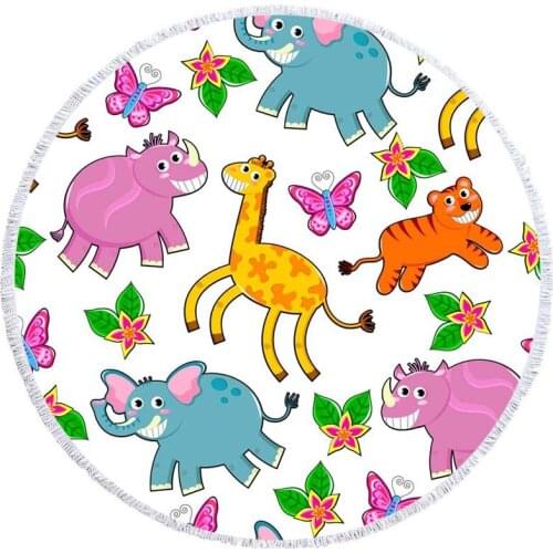 Free shipping Cute Animals Dinosaur Fox Cat Giraffe Tiger Monsters Pattern Large Round Swim Pool Bath beach towel Blanket 150cm