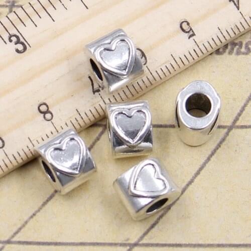 10pcs Beads Heart 4.5mm Big Hole Vintage Charms European Pendant Fit For Bracelet DIY Antique Silver Color Fit Making