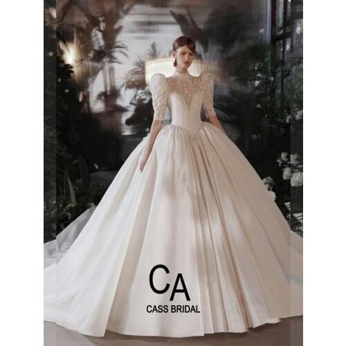 Ivory stain bridal wedding dress Cathedral Train half sleeves ball gown backless high neckline lace appliques beading pearls