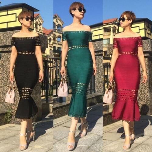 Elegant One Shoulder Jacquard Bandage Dress Red Black Green Trumpet Women Dresses Wedding Evening Club Party Dresses Vestidos