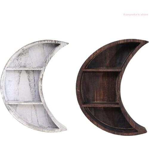 HX6D Wall Hanging Wooden Moon Wall Shelf 3 Tier Crescent Phase Display Shelves Wall Decor Hanging Storage for Living Room