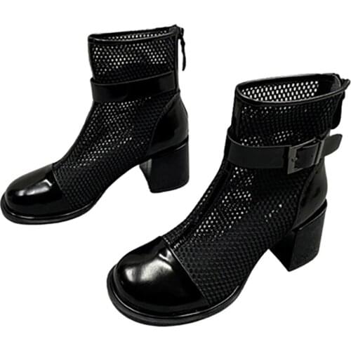 Air Mesh Summer Boots Women Cowhide Leather Copper Metal High Quality Saddles Female Fashion in 2021 5.5 cm Square High Heel