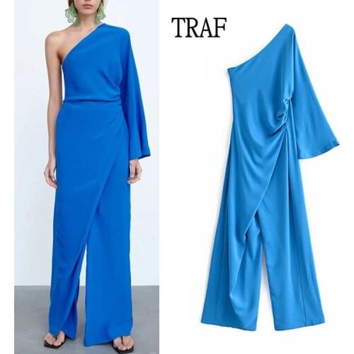 TRAF Za 2021 Jumpsuit Woman Summer Sexy One Shoulder Loose Jumpsuit Woman Elegant Long Sleeve Woman Clothes Asymmetry Jumpsuits