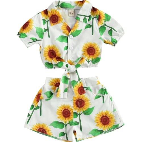 Girls Two-Piece Suit, Sunflower Print Lapel Short Sleeve Tops and Shorts for Birthday Party Vacation,elastic waist/lace-up