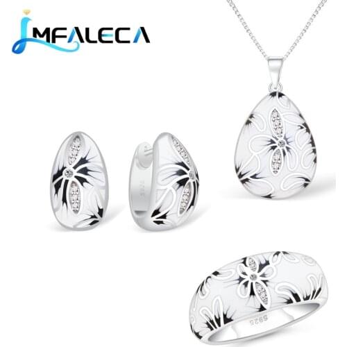 LMFALECA Bride Wedding Silver 925 Jewelry Sets White Enamel Pattern Clip Earrings Ring Necklace Fine Luxury Birthstone Jewelry