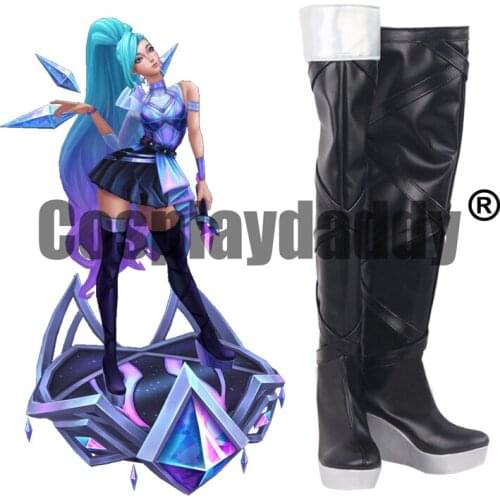 LOL K/DA All Out Seraphine Superstar Ver. Game Cosplay Shoes Black Straps Tall Wedge Boots S008