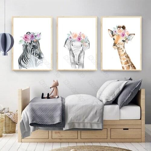 Cute Animals Canvas Painting Wall Poster Zebra Elephant Giraffe and Dog Wearing a Flower Garland for Home Rooms Wall Decoration