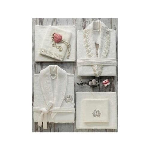 DowryWorld-Dantela-Love French Laced Bathrobe Set - Cream %70 Bamboo %30 Cotton