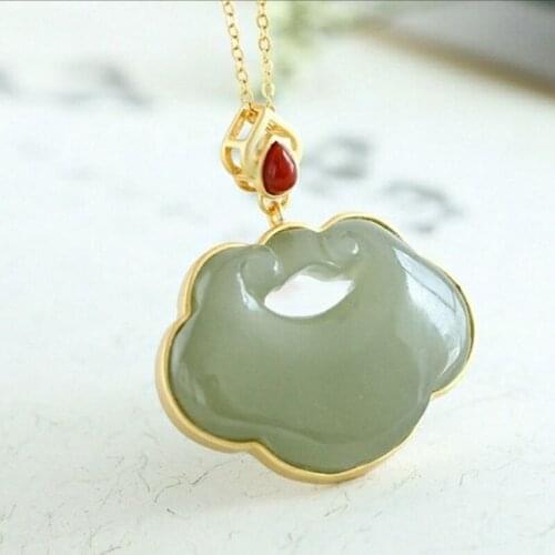 New silver inlaid natural Hetian Chalcedony pendant necklace Chinese style retro unique ancient gold craft charm womens jewelry