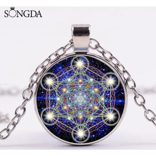 Sacred Metatron Cube Pendant Necklace Geometry Flower of Life Art Photo Glass Dome Magic Hexagram Necklaces For Women Gifts