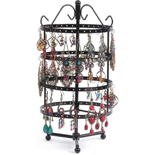 SZanbana Black 4 Tiers Metal 144 Holes Round Rotating Spin Table 72 Pairs Earring Holder Jewelry Stand Display Rack Towers
