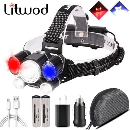 Super Bright Bike Light XP50.2 Powerful Led Headlamp Zoomable Headlights 18650 Battery Red Blue & Ｗhite Head Lamp 5S-2055