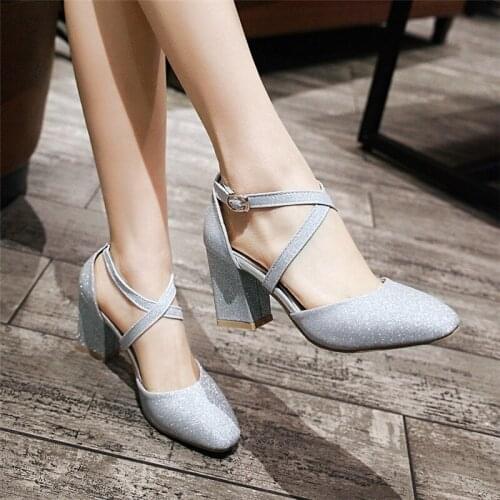 YQBTDL Summer Cross Strap Mary Jane Shoes for Women Gold Silver Wedding Party Block High Heels Pumps Sequined Cloth Black Office